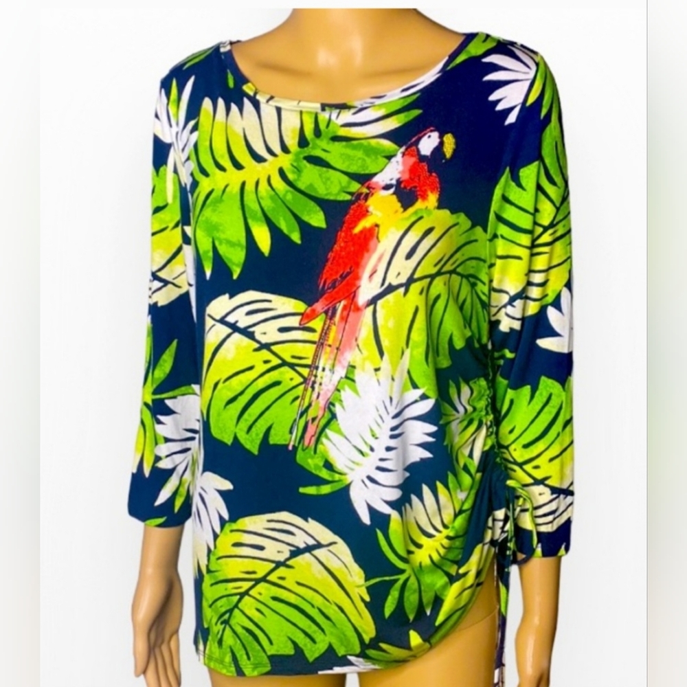 Ruby Rd. Green, Blue Leaf And Parrot Multi Beads Print Top